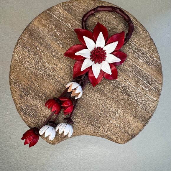 Leather Flower Purse Charm Genuine Leather Poinsettia Bag Charm Red Flower Flair - Picture 7 of 7